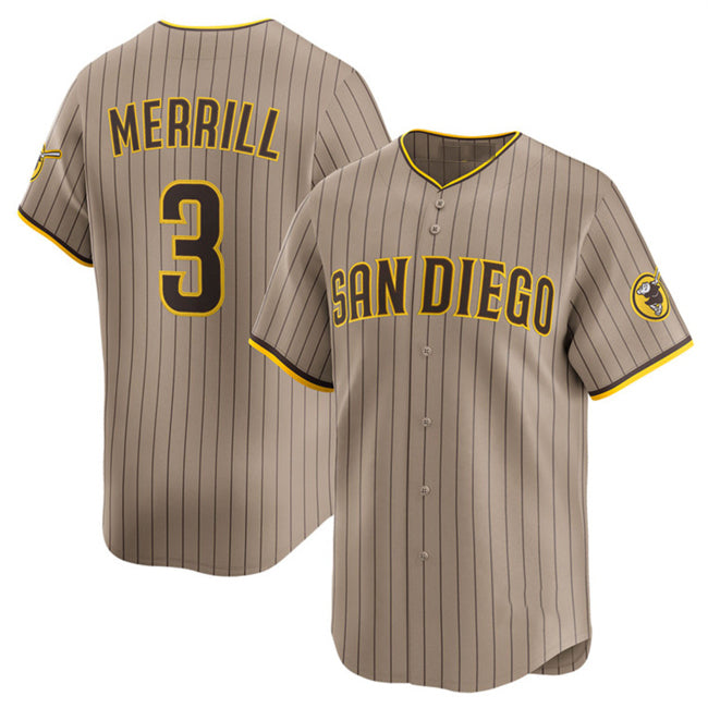 San Diego Padres #3 Jackson Merrill Tan AmberGomez 2024 Alternate Limited Stitched Jersey