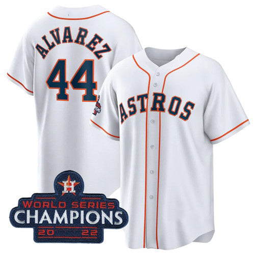 Houston Astros #44 Yordan Alvarez White AmberGomez 2022 World Series Champions Home Stitched Jersey