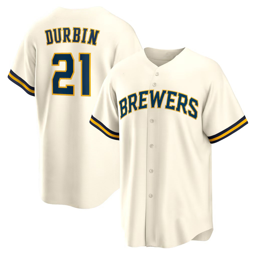 Milwaukee Brewers #21 Caleb Durbin Cream AmberGomez Home Replica Jersey
