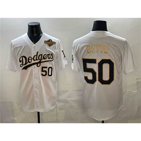 Los Angeles Dodgers #50 Mookie Betts White Gold AmberGomez 2025 World Series Patch Limited Stitched Jersey