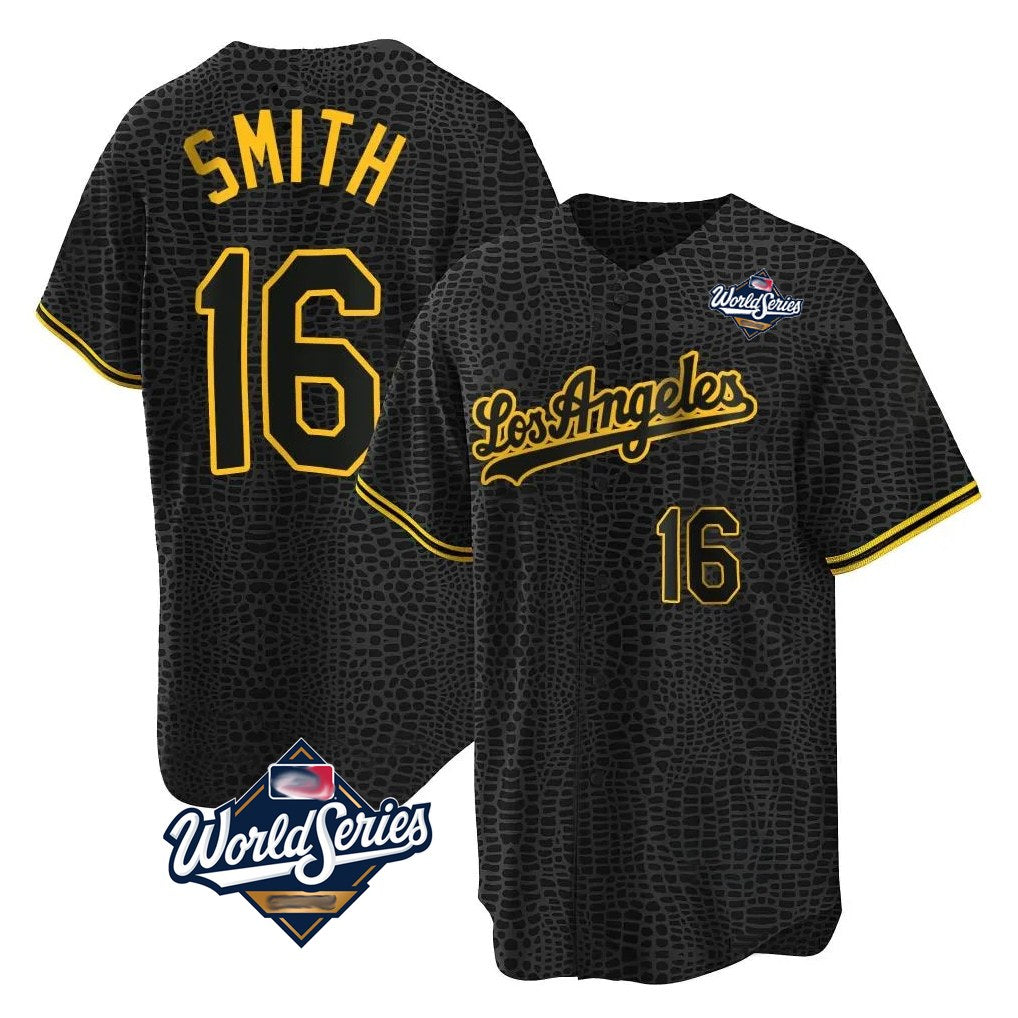 Los Angeles Dodgers #16 Will Smith Player Black AmberGomez World Series Snake Skin City Game Home Stitched Jerseys