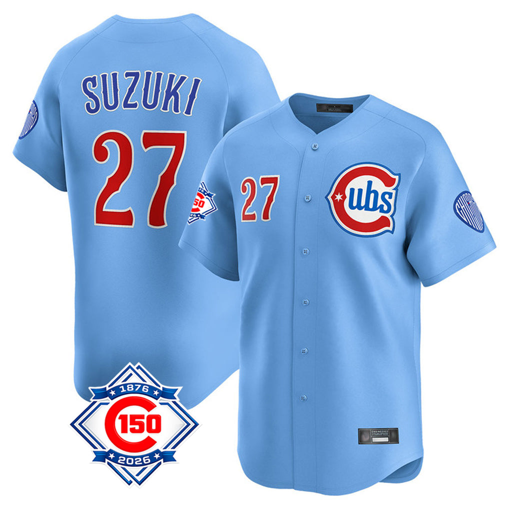 Chicago Cubs #27 Seiya Suzuki Player Light Blue AmberGomez 150th Anniversary Limited Home Stitched Jerseys