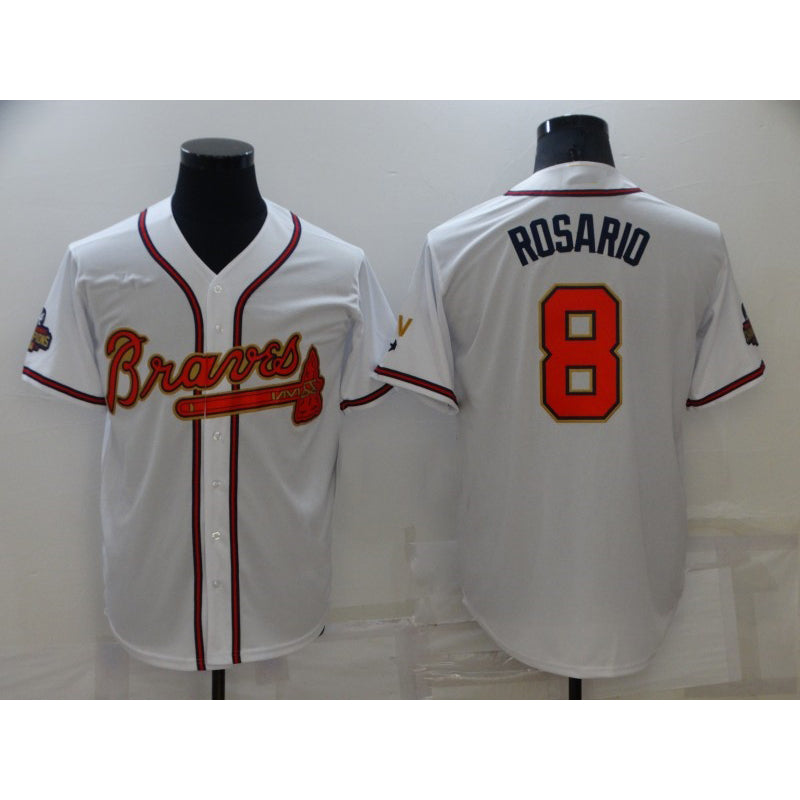 Atlanta Braves #8 Eddie Rosario 2022 White Gold AmberGomez World Series Champions Program Cool Base Stitched Jersey