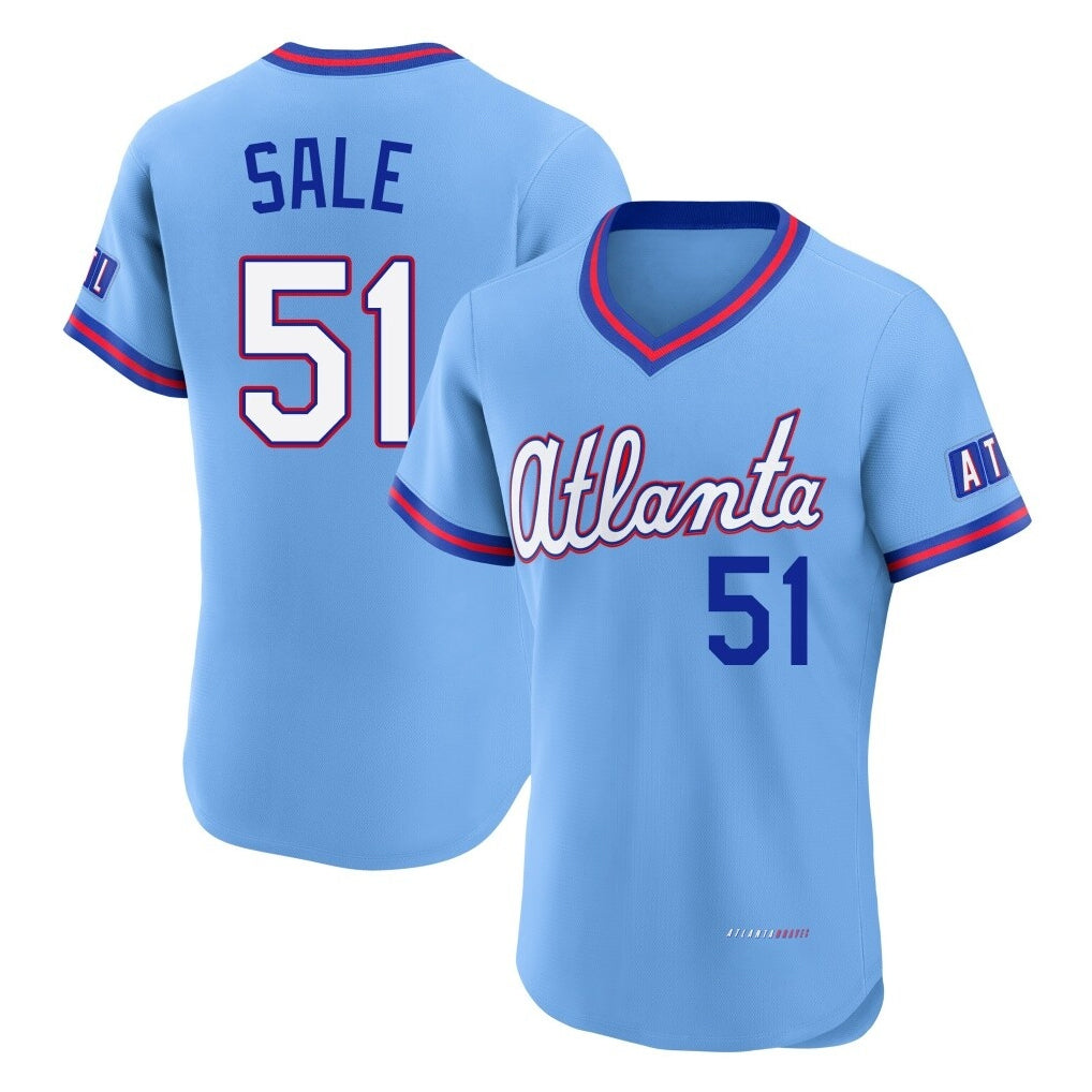 Atlanta Braves #51 Chris Sale Player Powder Blue AmberGomez 2026 City Connect T-shirt Limited Elite Home Game Stitched Jerseys