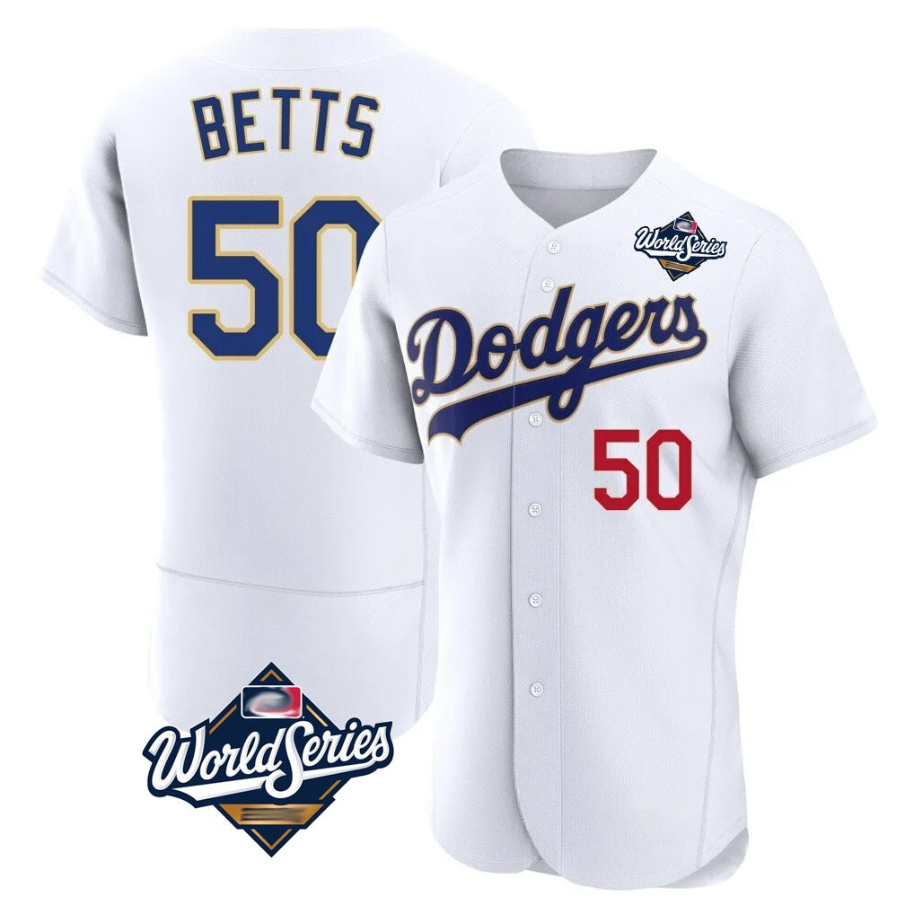 Los Angeles Dodgers #50 Mookie Betts Player Gold White AmberGomez World Series 2026 Collection Stadium Limited Elite Stitched Jerseys
