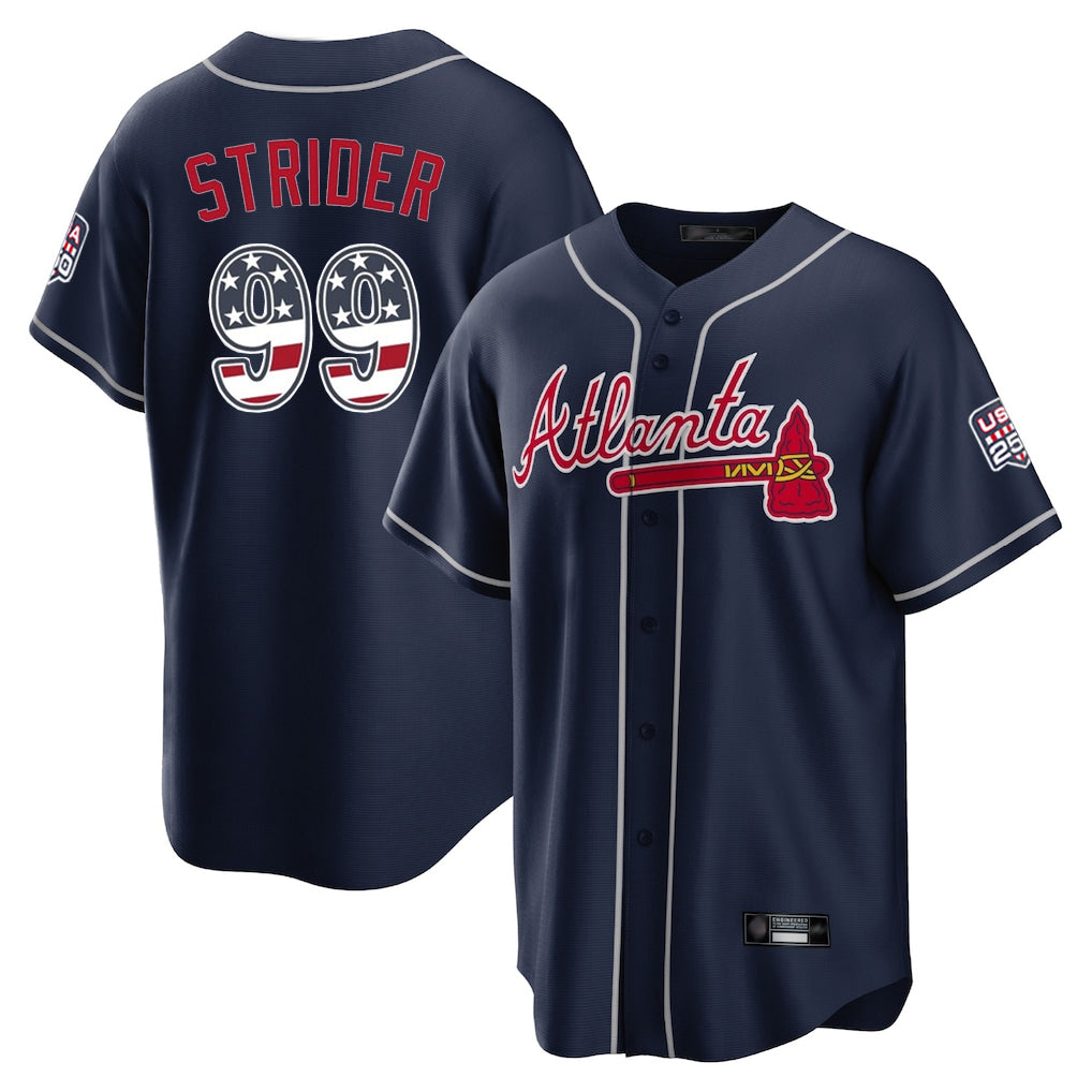 Atlanta Braves #99 Spencer Strider Player Navy AmberGomez USA 250 Fourth Of July Limited Home Game Stitched Jerseys