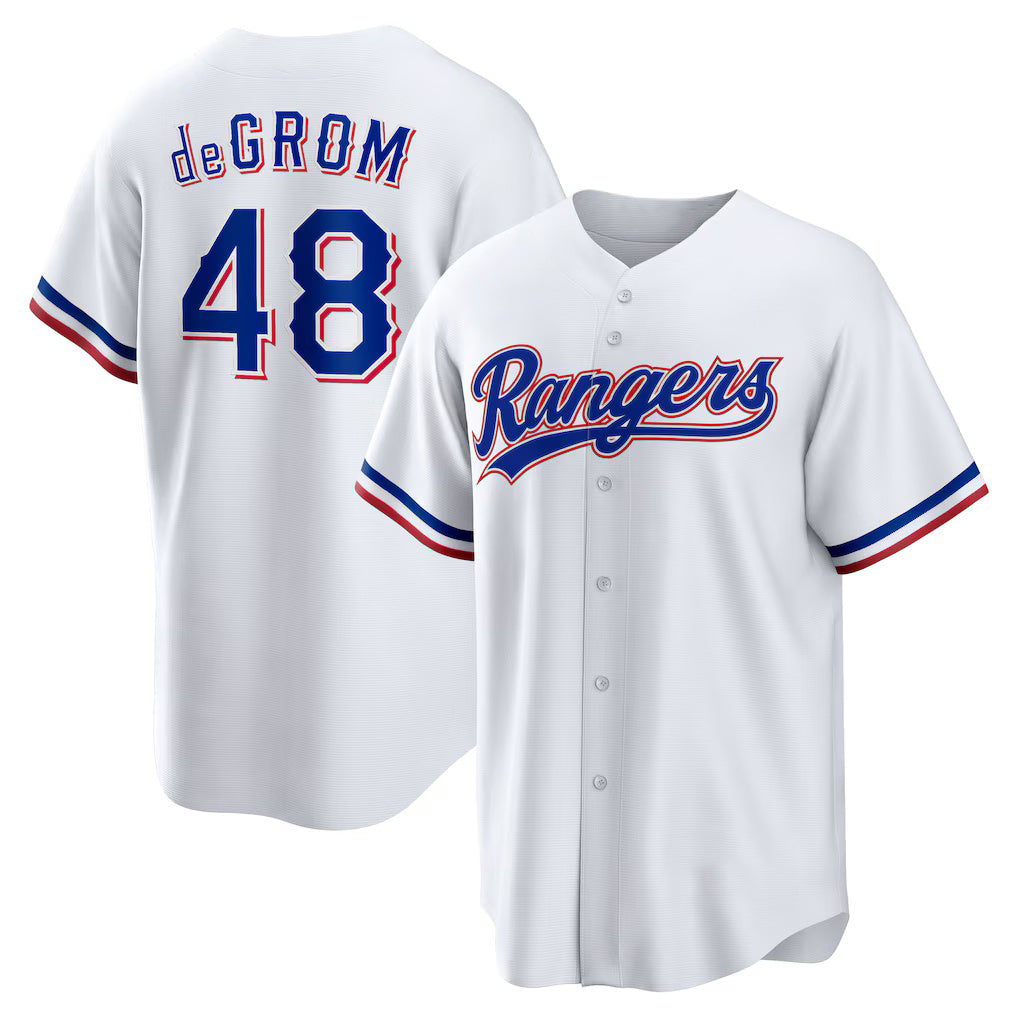 Texas Rangers #48 Jacob deGrom White AmberGomez Home Replica Player Jersey