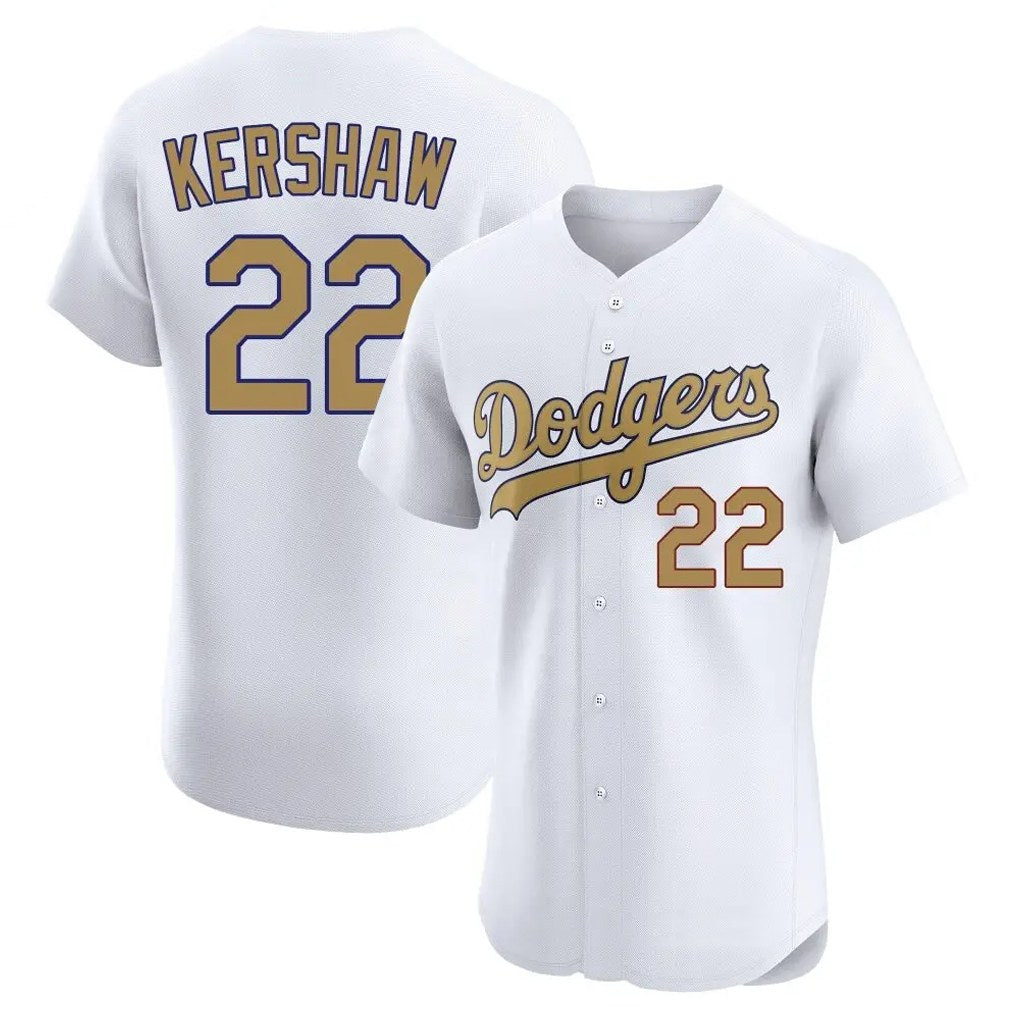 Los Angeles Dodgers #22 Clayton Kershaw Player White Gold AmberGomez Limited Elite Home Stitched Jerseys