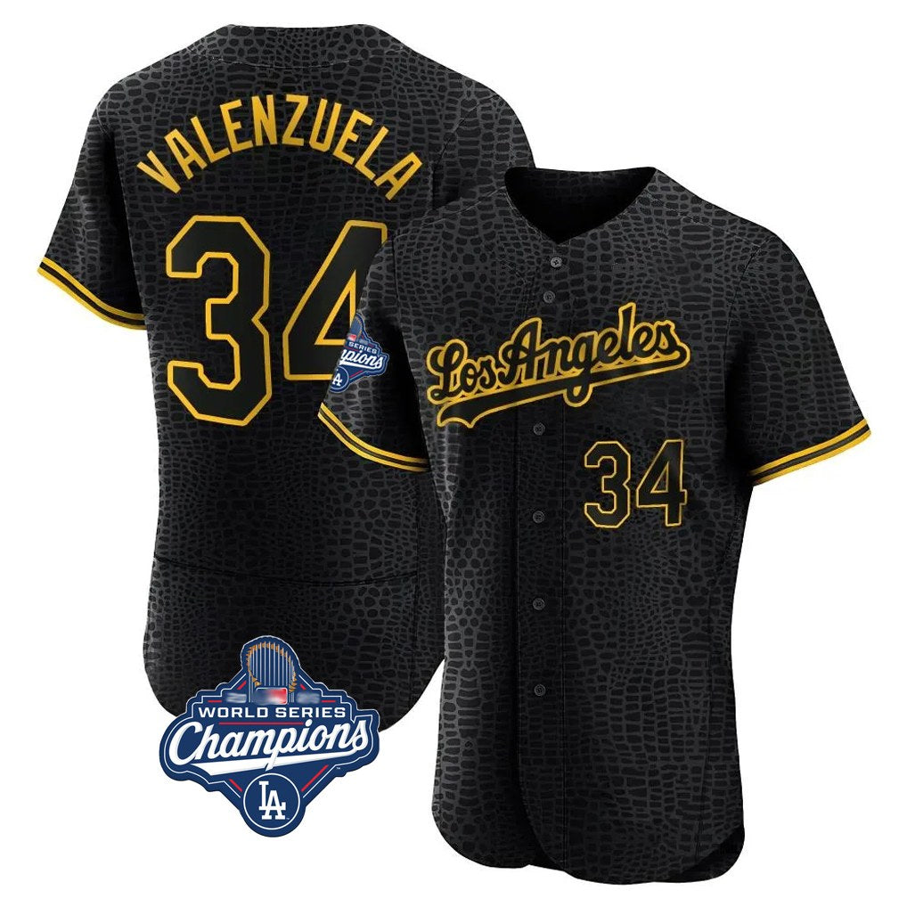 Los Angeles Dodgers #34 Fernando Valenzuela Player Black AmberGomez World Series Meet Snake Skin City Limited Elite Home Stitched Jerseys
