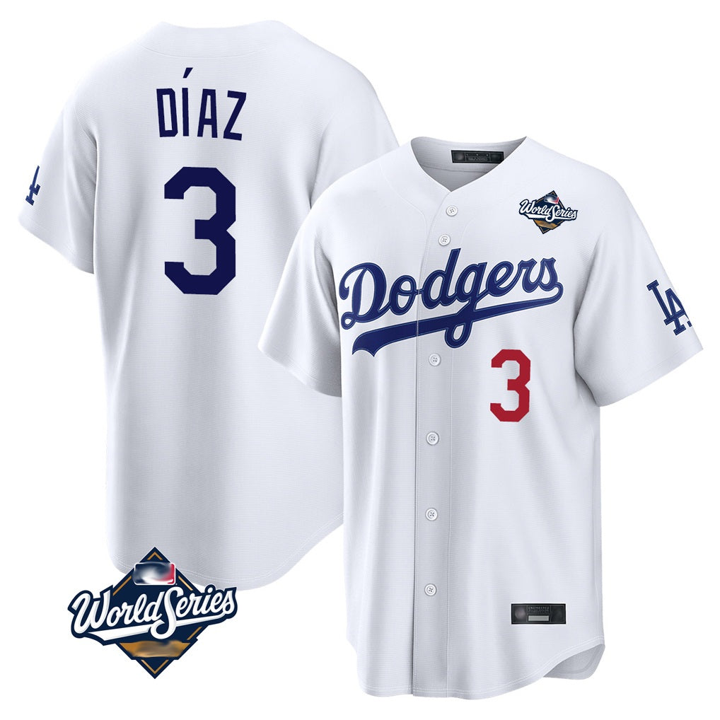 Los Angeles Dodgers #3 Edwin D¨ªaz Player White AmberGomez World Series Home Game Stitched Jerseys