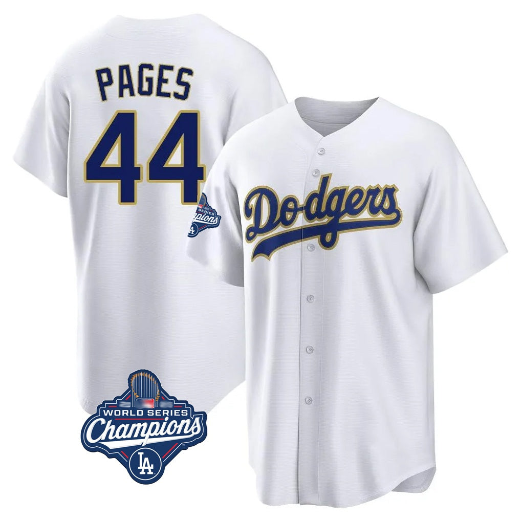 Los Angeles Dodgers #44 Andy Pages Player Gold White AmberGomez World Series Meet 2026 Collection Stadium Game Stitched Jerseys