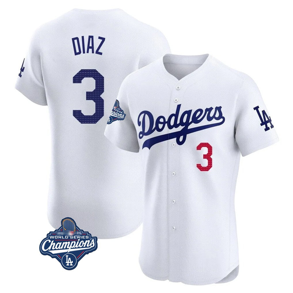 Los Angeles Dodgers #3 Edwin D¨ªaz Player White AmberGomez World Series Meet Limited Elite Home Stitched Jerseys