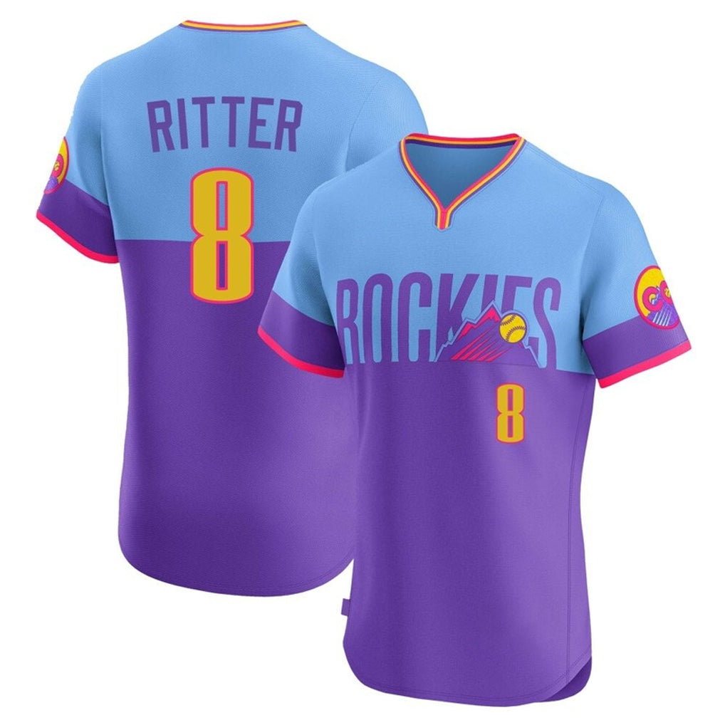 Colorado Rockies #8 Ryan Ritter Player Purple-Light Blue AmberGomez City Connect Limited Elite Home T-shirt Stitched Jerseys