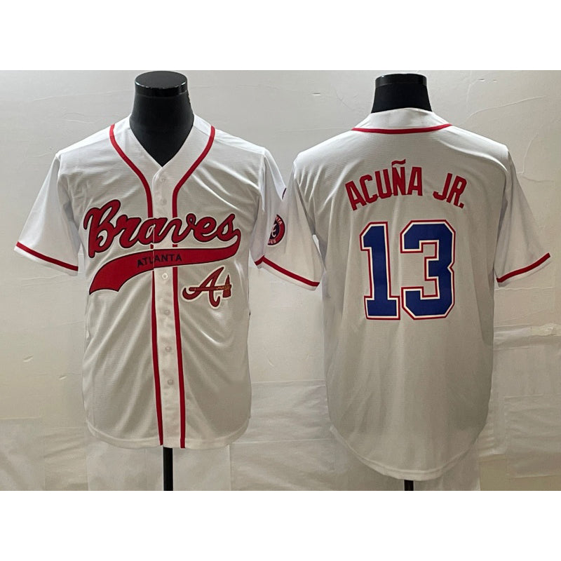 Atlanta Braves #13 Ronald Acuna Jr White AmberGomez Cool Base With Patch Stitched Jersey 2