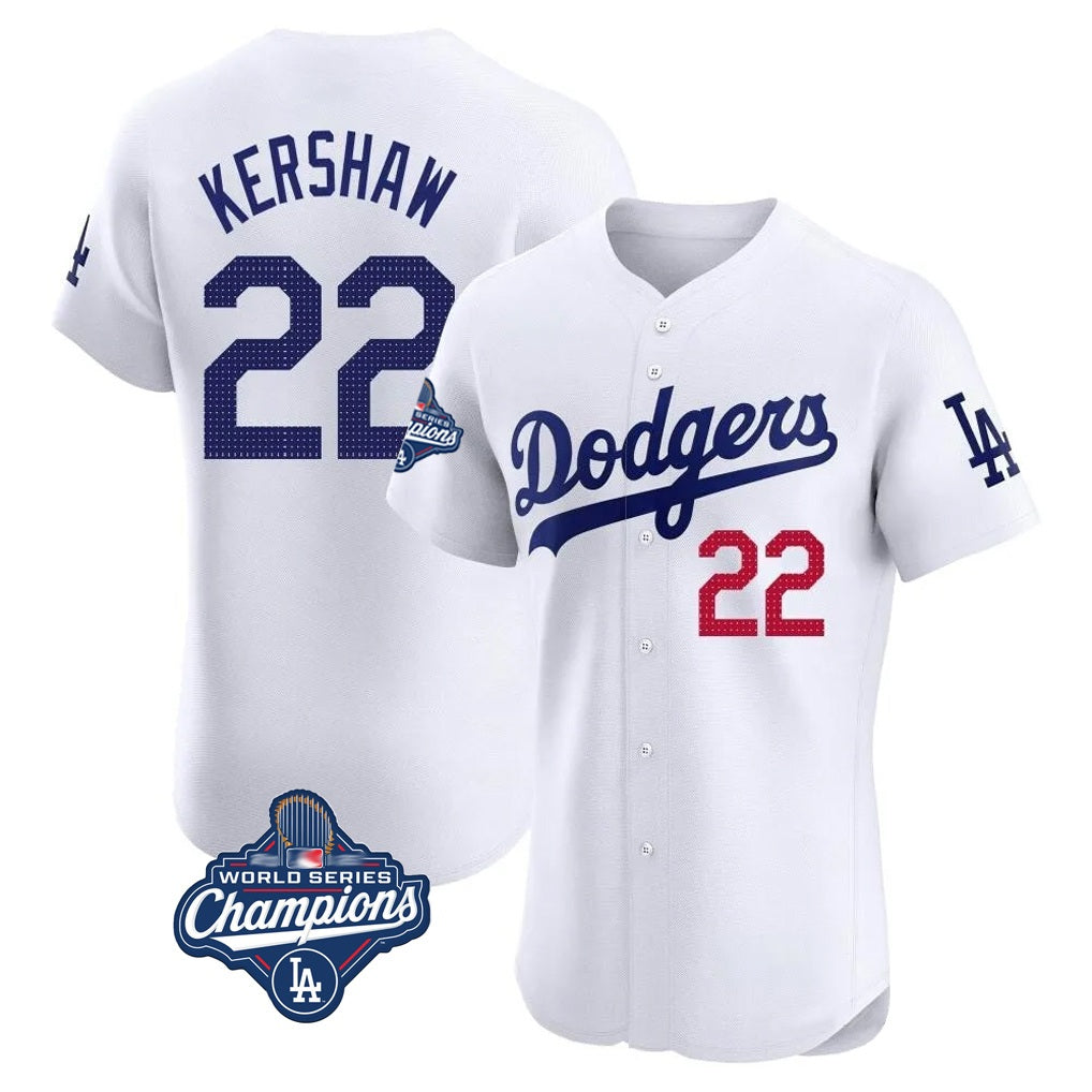 Los Angeles Dodgers #22 Clayton Kershaw Player White AmberGomez World Series Meet Limited Elite Stitched Jerseys