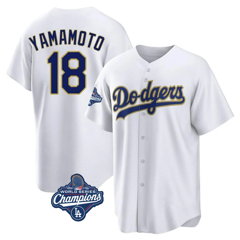 Los Angeles Dodgers #18 Yoshinobu Yamamoto Player Gold White AmberGomez World Series Meet 2026 Collection Stadium Game Stitched Jerseys