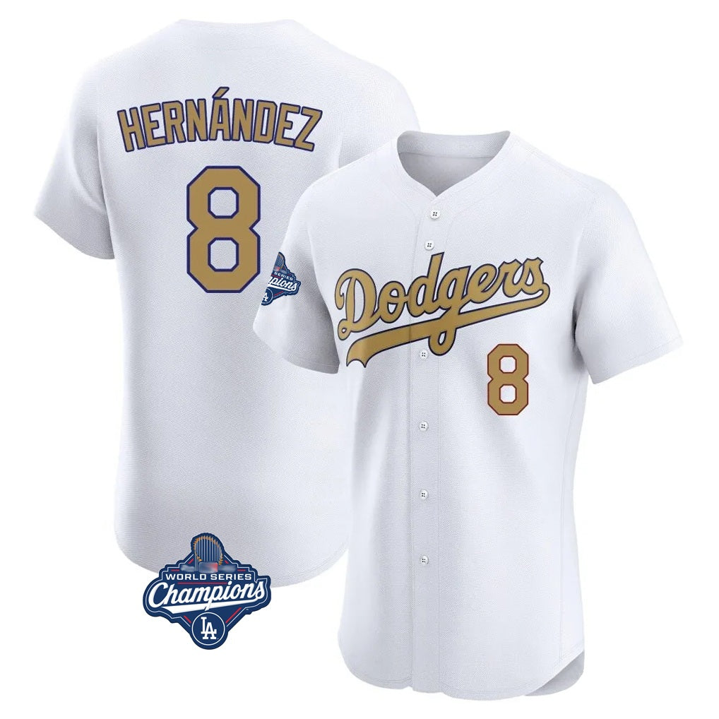 Los Angeles Dodgers #8 Enrique Hern¨¢ndez Player White Gold AmberGomez World Series Meet Limited Elite Home Stitched Jerseys