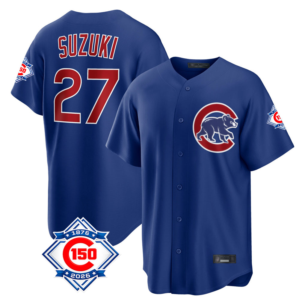 Chicago Cubs #27 Seiya Suzuki Player Royal AmberGomez 150th Anniversary Home Game Stitched Jerseys