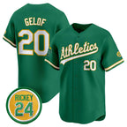 Oakland Athletics #20 Zack Gelof Green AmberGomez 2024 Limited With Rickey Henderson Patch Stitched Jersey