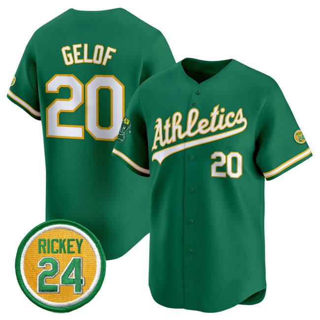 Oakland Athletics #20 Zack Gelof Green AmberGomez 2024 Limited With Rickey Henderson Patch Stitched Jersey
