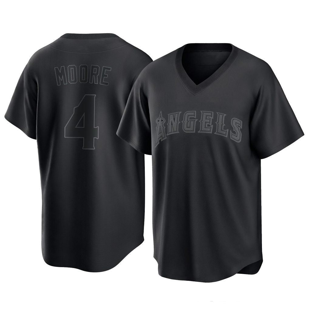 Los Angeles Angels #4 Christian Moore Player Black AmberGomez Pitch Fashion T-shirt Stitched Jerseys