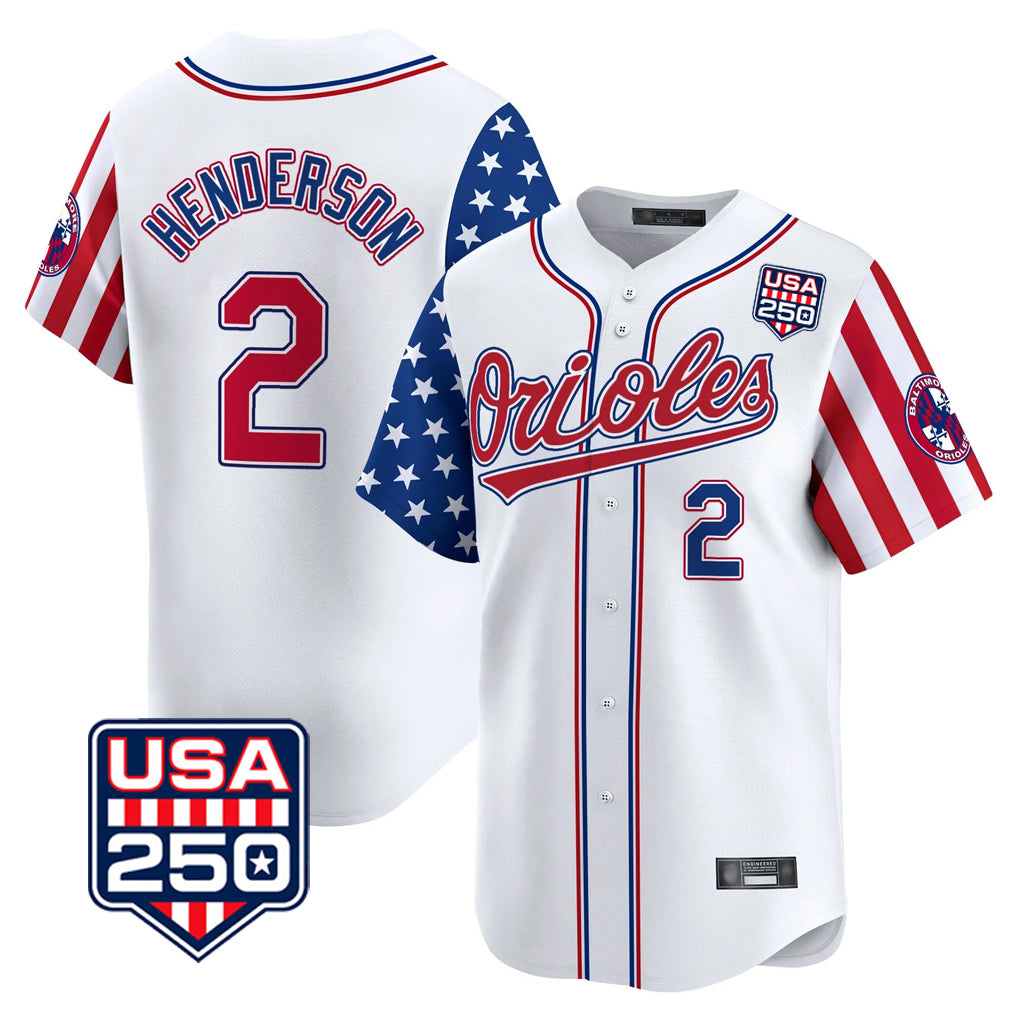 Baltimore Orioles #2 Gunnar Henderson Player White AmberGomez USA 250 Independence Day Vapor Premier Home Game Stitched Jerseys