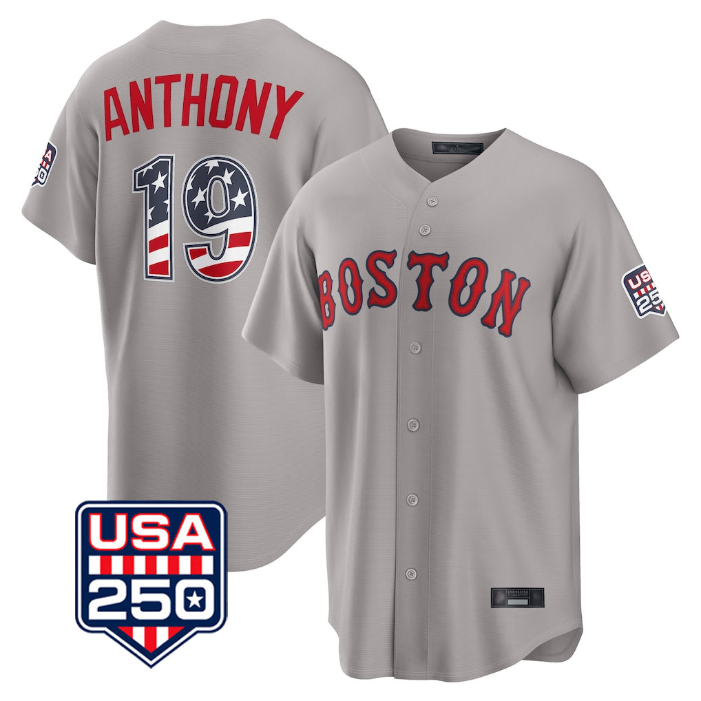 Boston Red Sox #19 Roman Anthony Player Gray AmberGomez Road USA 250 Fourth of July Home Game Stitched Jerseys
