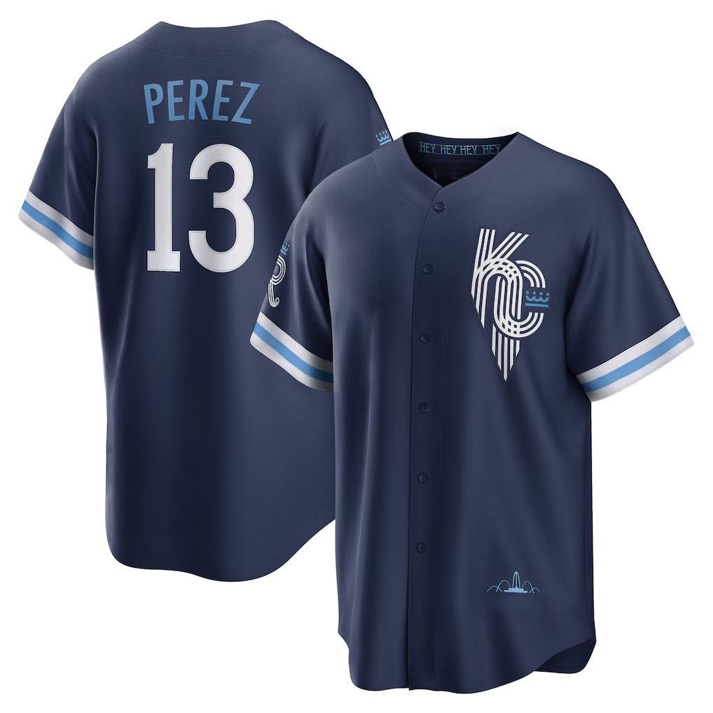 Kansas City Royals #13 Salvador Perez Navy AmberGomez City Connect Replica Player Jersey