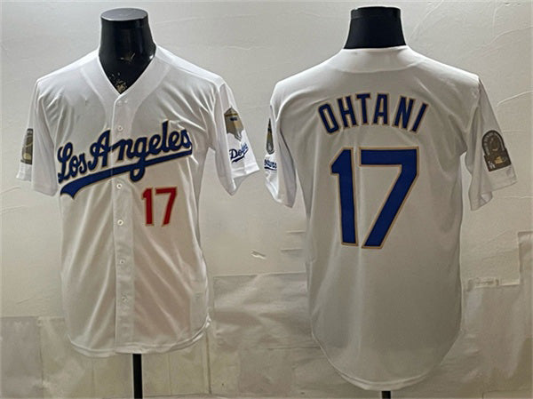 Los Angeles Dodgers #17 Shohei Ohtani White AmberGomez 2026 Gold Collection 9x & B2B Champs Patch Stitched Jersey