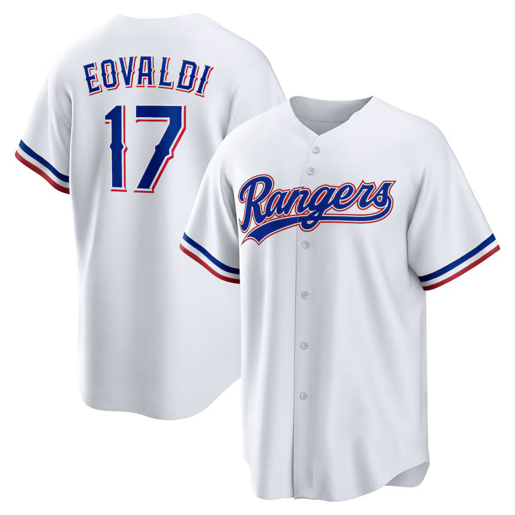 Texas Rangers #17 Nathan Eovaldi White AmberGomez Home Replica Player Jersey