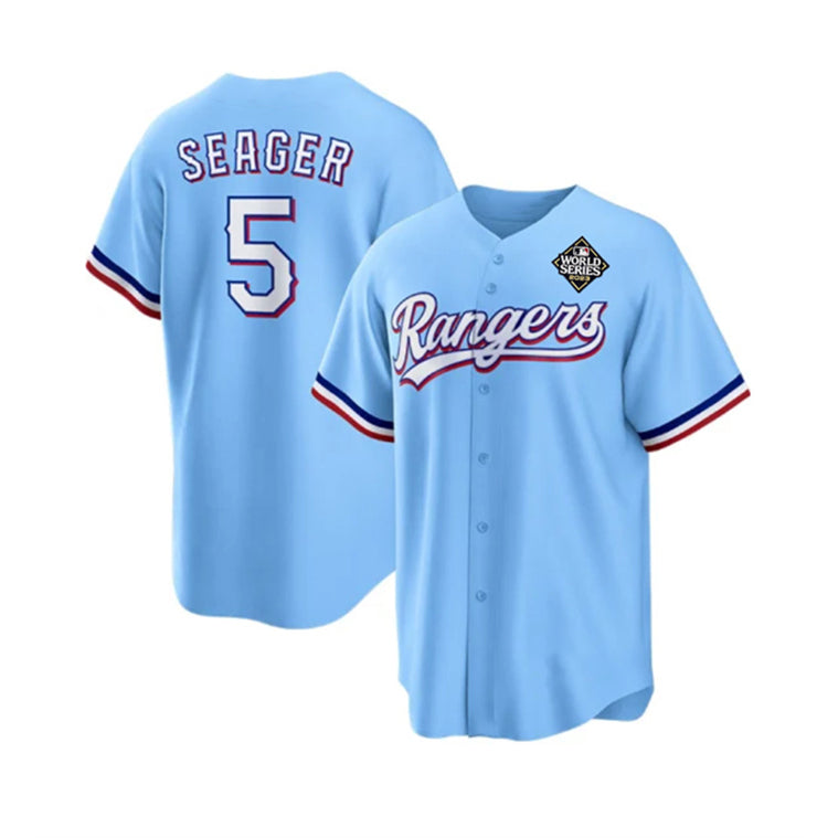 Texas Rangers #5 Corey Seager Blue AmberGomez 2023 World Series Stitched Jersey