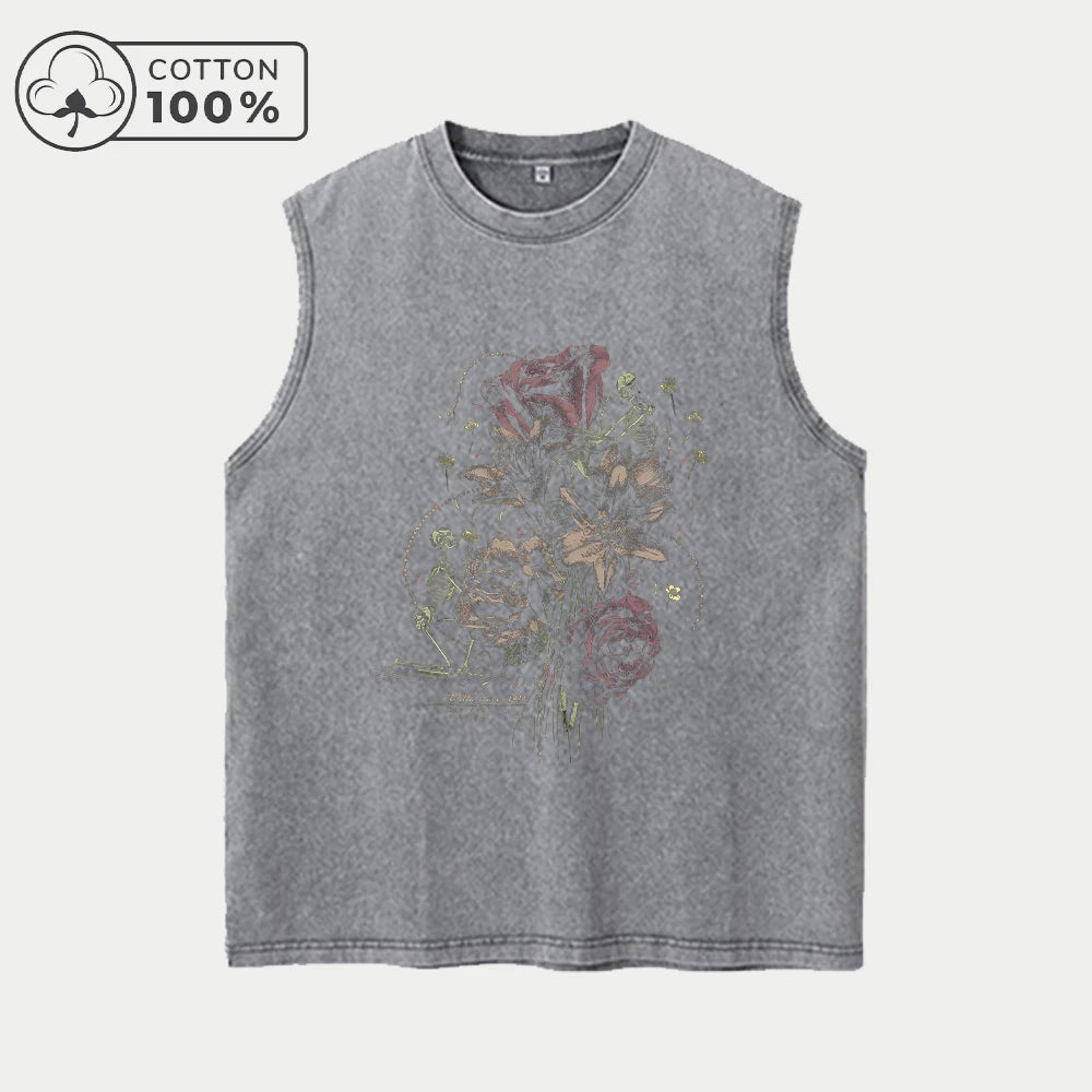 Summer Washed Cotton Vest Comfortable And Breathable Retro And Artistic Style Printed Rose Pattern Loose Fit Sleeveless Top