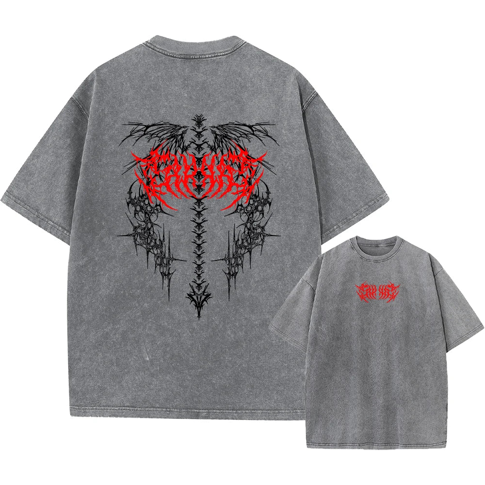 Men's Gothic Print Retro Washed T-Shirt Summer Trendy Fashion Loose Short Sleeve Suitable For Daily Commute And Casual Wear