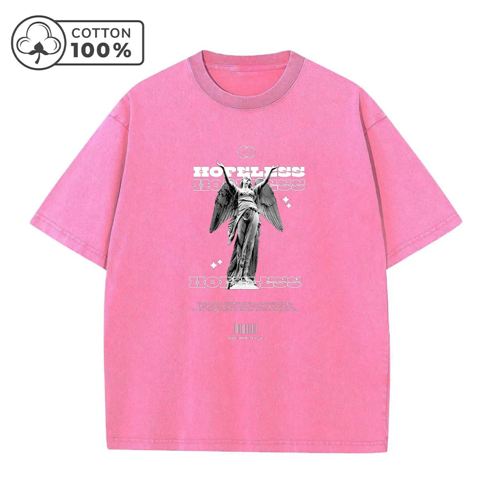 Summer Casual Washed T-Shirt Heavyweight Pure Cotton With A Statue Print Retro And Fashionable Short Sleeved Trendy Top