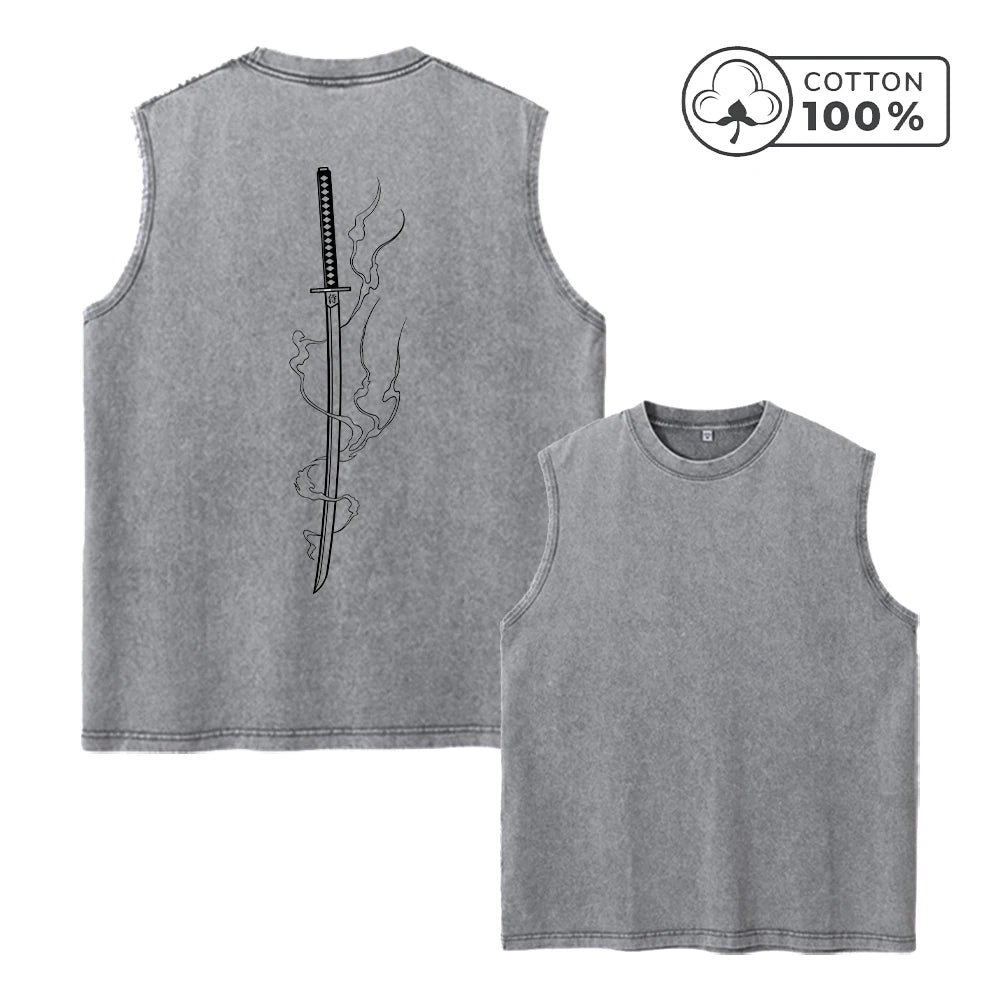 Men's Creative Samurai Sword Print Washed Vest Comfortable Pure Cotton Sleeveless T-Shirt For Fitness Commute And Street Style