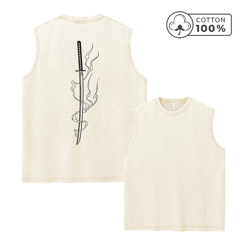 Men's Creative Samurai Sword Print Washed Vest Comfortable Pure Cotton Sleeveless T-Shirt For Fitness Commute And Street Style