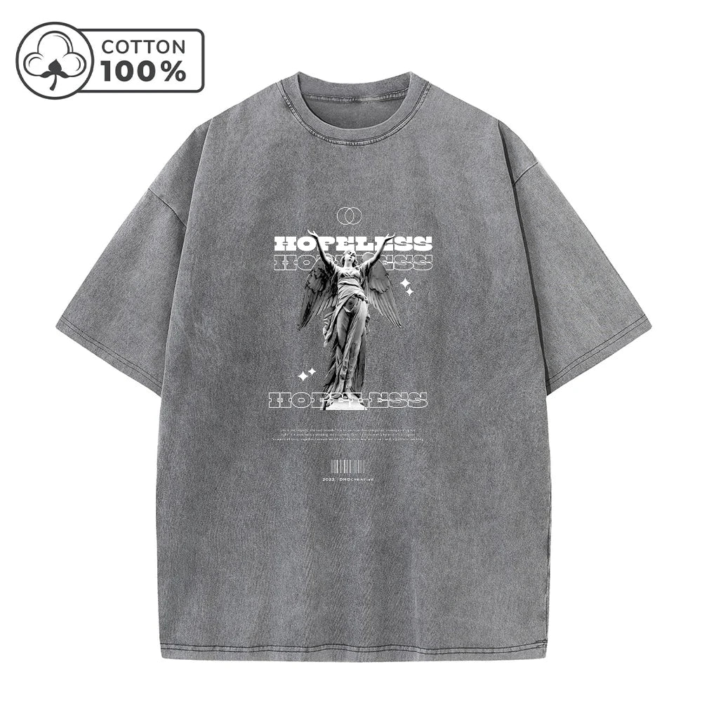 Summer Casual Washed T-Shirt Heavyweight Pure Cotton With A Statue Print Retro And Fashionable Short Sleeved Trendy Top
