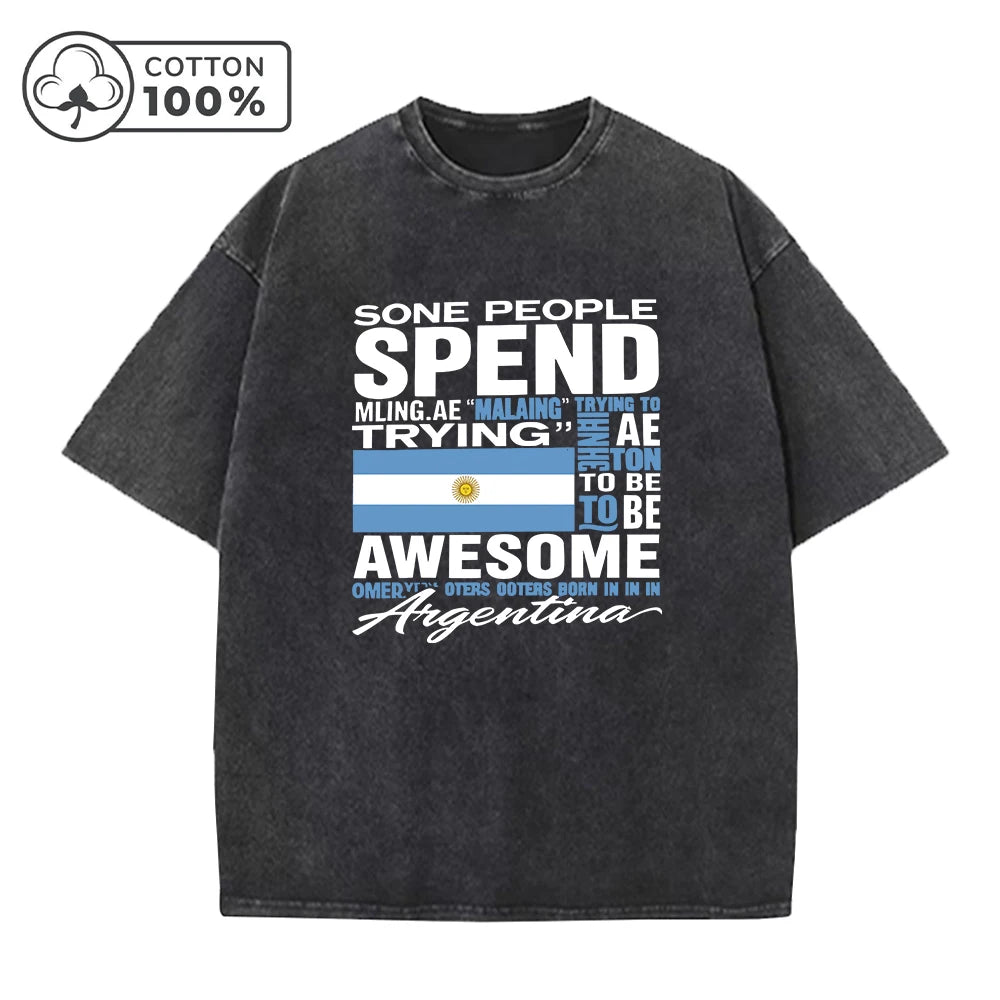 Men's Retro Distressed Argentinian Print Washed T-Shirt Casual And Versatile Loose Fitting 100% Cotton Short Sleeve Top