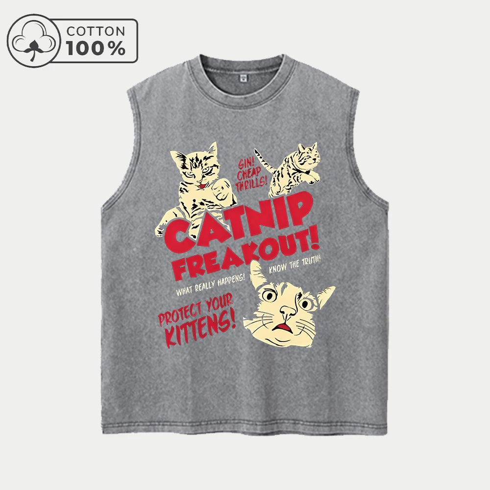 Men's Retro Creative Cat Print Washed Vest Summer New Style Fitness Running Pure Cotton Casual Sleeveless Vest For Commute Top