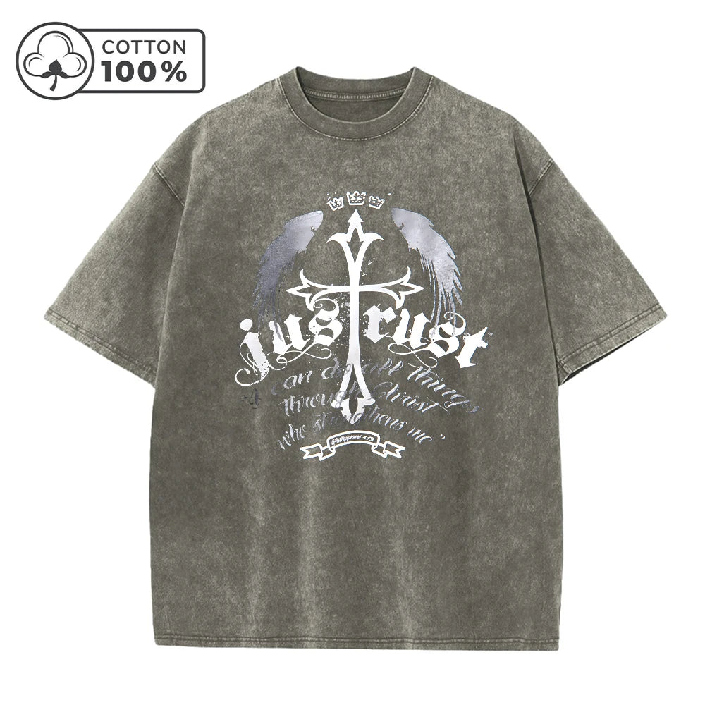 Men's Fashion Cross Wings Print Distressed Washed T-Shirt Loose Fit Casual Pure Cotton Short Sleeve Ideal For Home Or Commute