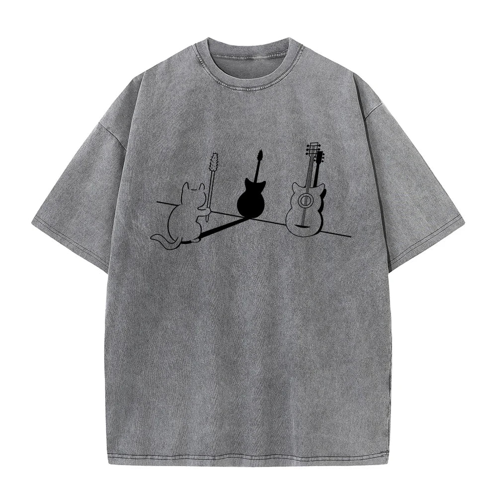 Vintage Distressed Washed T-Shirt Comfortable 100% Cotton Round Neck Short Sleeve Summer Casual Kitten Guitar Print Top