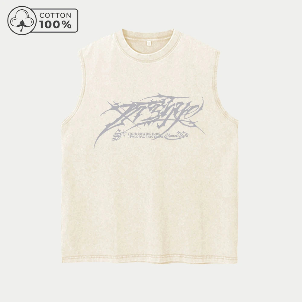 Men's Casual Washed Vest With Trendy Text Print Loose Fit Pure Cotton Summer Basketball Fitness Training Sleeveless Top