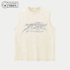 Men's Casual Washed Vest With Trendy Text Print Loose Fit Pure Cotton Summer Basketball Fitness Training Sleeveless Top