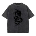 Men's Heavyweight Washed Cotton T Shirt Distressed Style Dragon Print Short Sleeve Retro Streetwear Loose And Comfortable Top