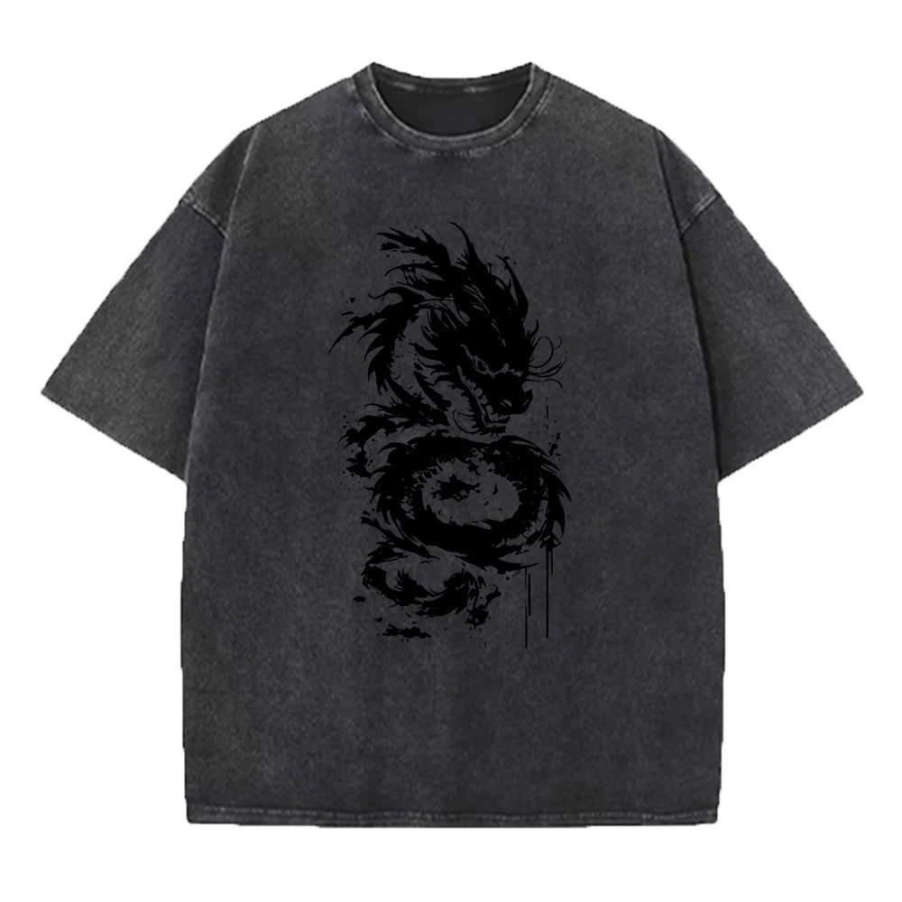 Men's Heavyweight Washed Cotton T Shirt Distressed Style Dragon Print Short Sleeve Retro Streetwear Loose And Comfortable Top