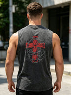 Men's Dark Cross And Thorn Print Washed Vest Vintage Distressed Pure Cotton Casual Loose Top Summer Fitness Training Top