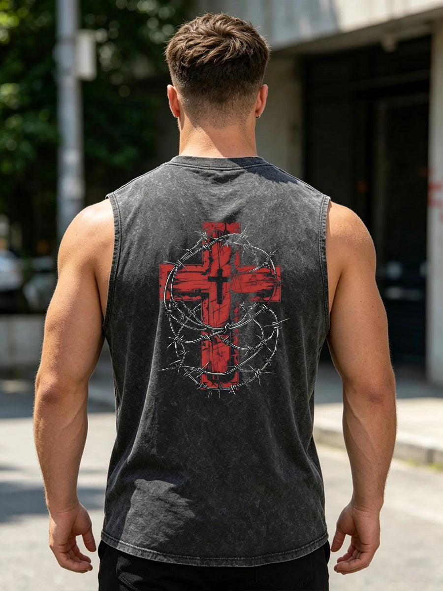 Men's Dark Cross And Thorn Print Washed Vest Vintage Distressed Pure Cotton Casual Loose Top Summer Fitness Training Top