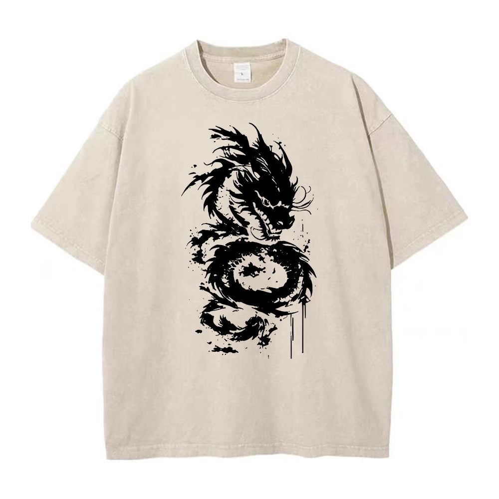 Men's Heavyweight Washed Cotton T Shirt Distressed Style Dragon Print Short Sleeve Retro Streetwear Loose And Comfortable Top