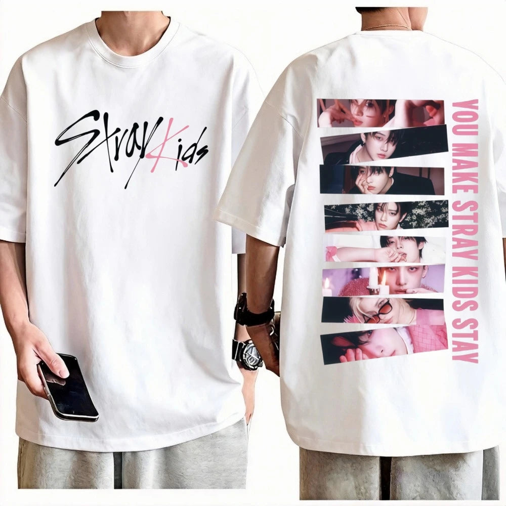 Unisex Stray Kids Karma Double Sided Grunge Style Collage T-Shirt 100% Cotton Crew Neck Short Sleeve K-Pop Casual Graphic Top