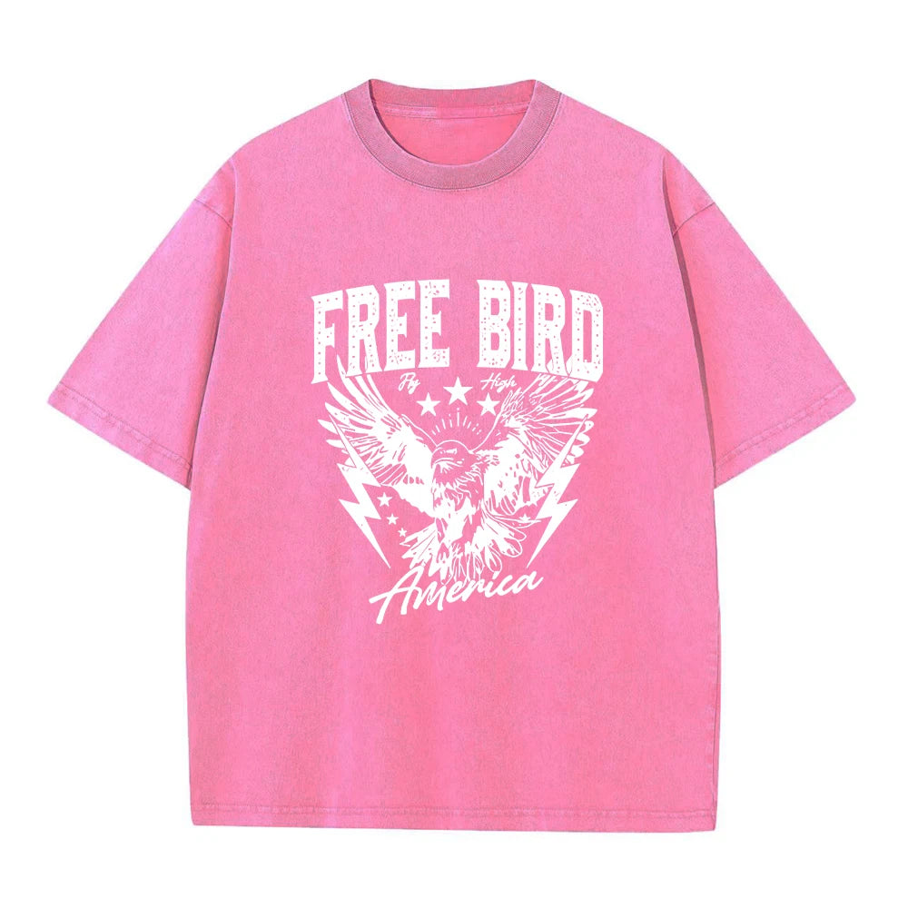 Men's Bird Print Casual Washed Short Sleeve Fashionable Comfortable Pure Cotton T-Shirt For Fitness And Commute Undershirt